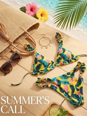 SHEIN Yellow Tropical Leaf Ruffle Triangle Bikini